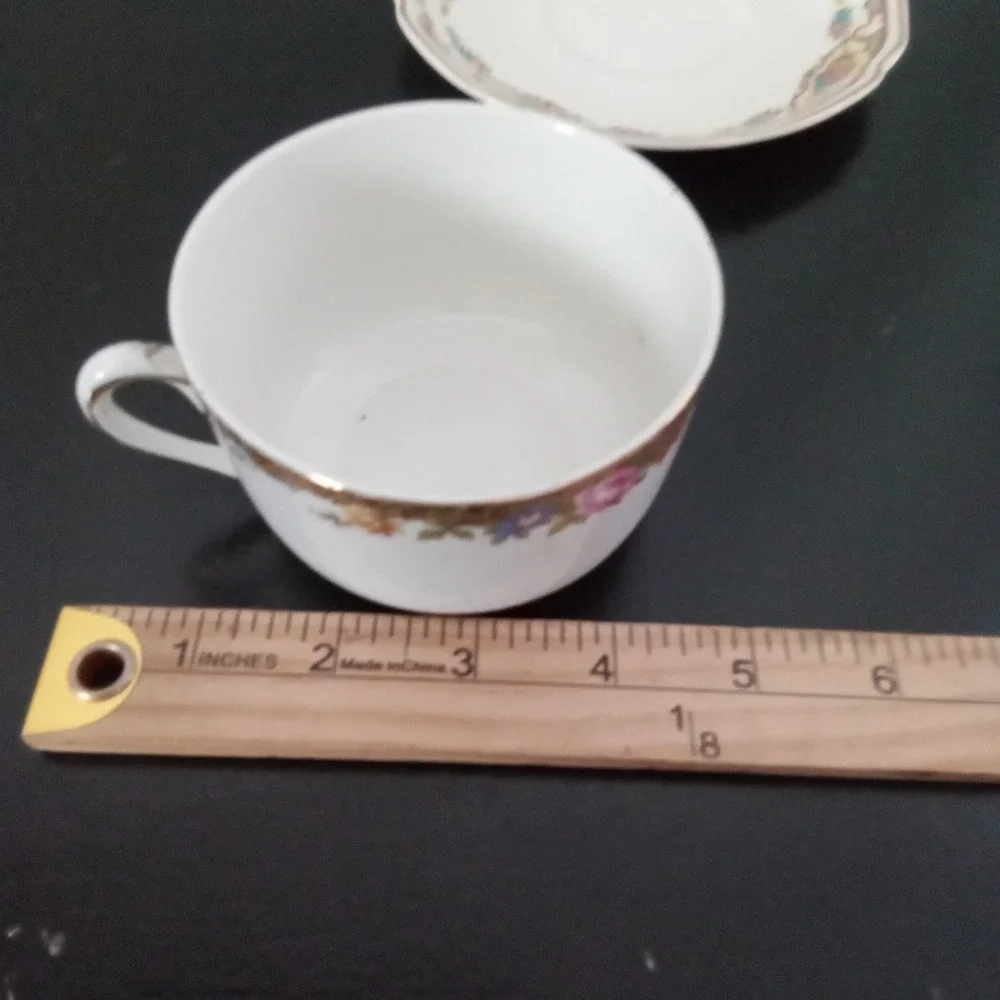 Vintage Floral Porcelain Teacup and Saucer Set Gold Rim Scalloped Edge White